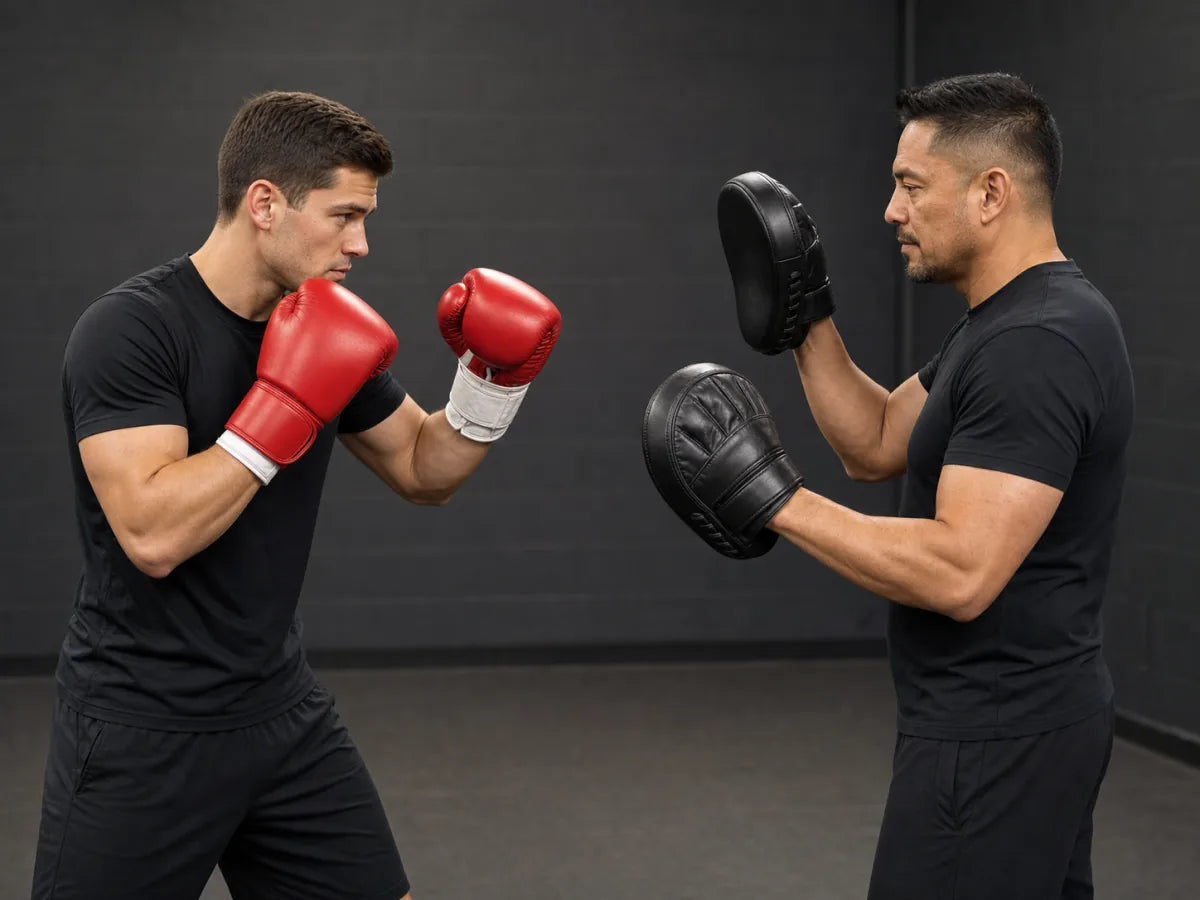 Boxer and coach demonstrating how training use determines boxing glove weight