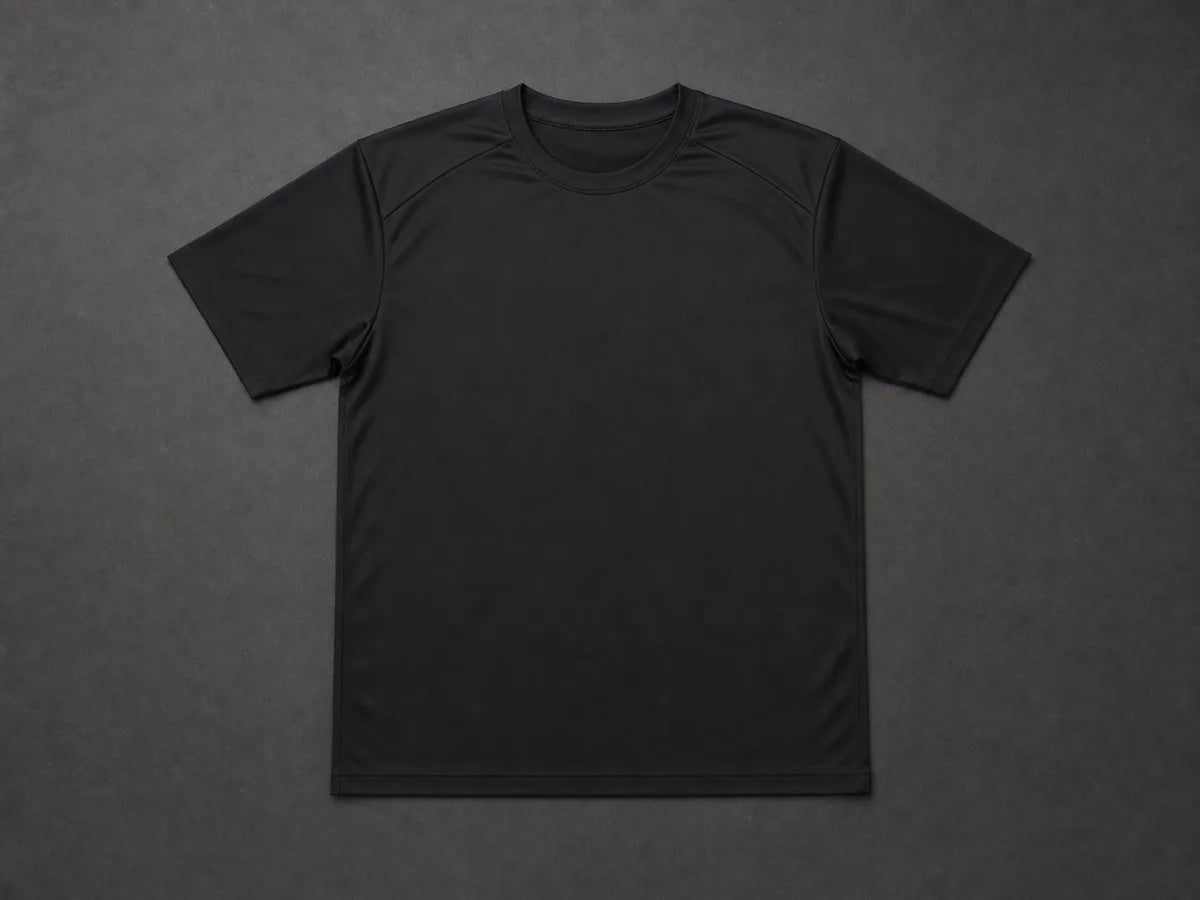 Athletic top laid flat showing width, length and sleeve measurements