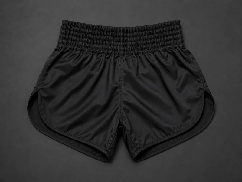 Fight shorts laid flat showing waistband, outseam, leg opening and side slit measurements