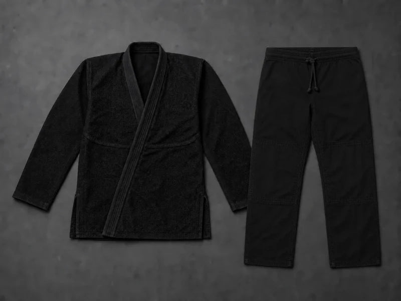 Brazilian jiu-jitsu gi jacket and drawstring pants laid flat